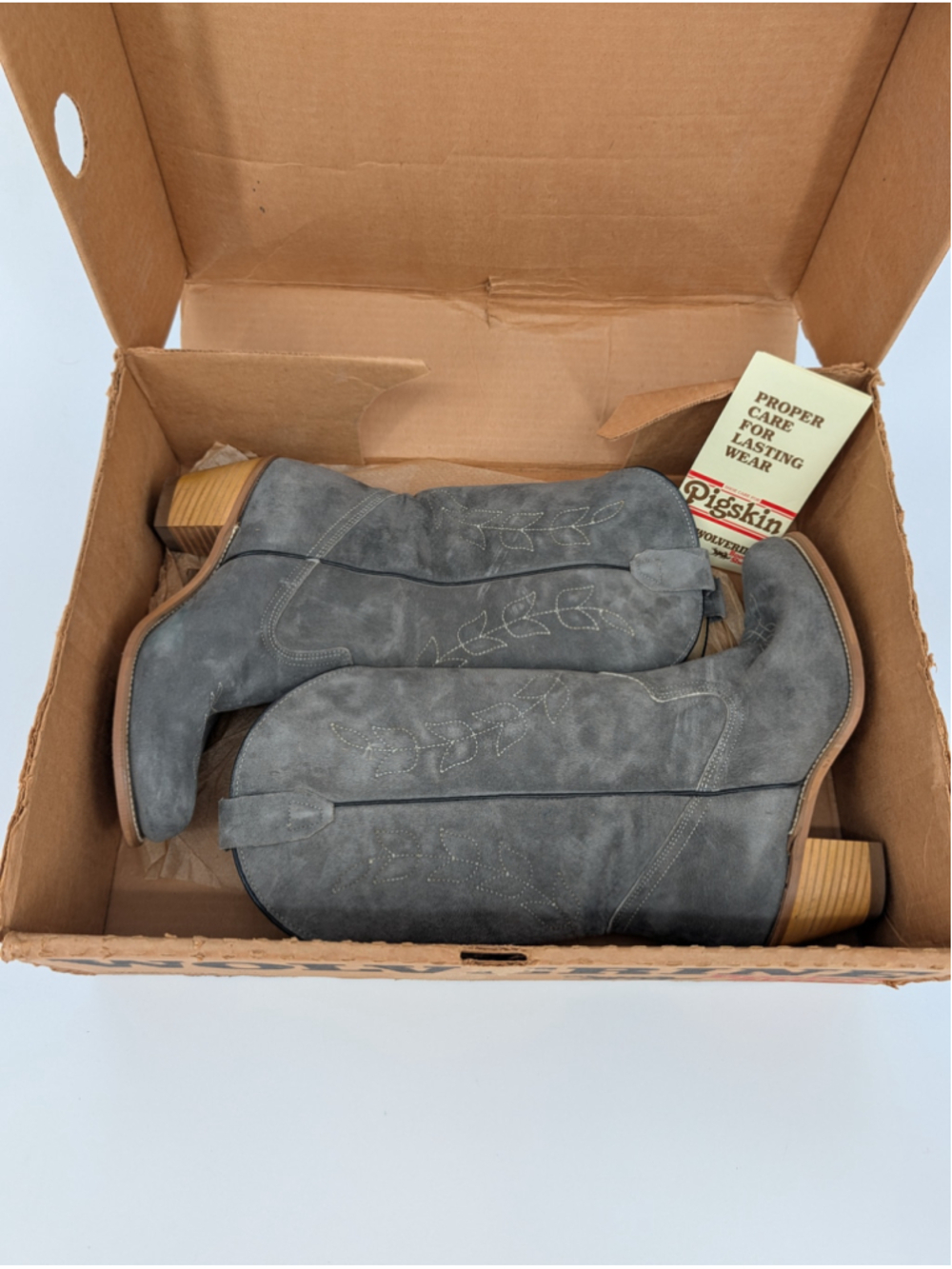 Vintage 1970s Wolverine Pigskin Suede Cowboy Boots Gray Women’s 8 M w/Box USA - Picture 3 of 14